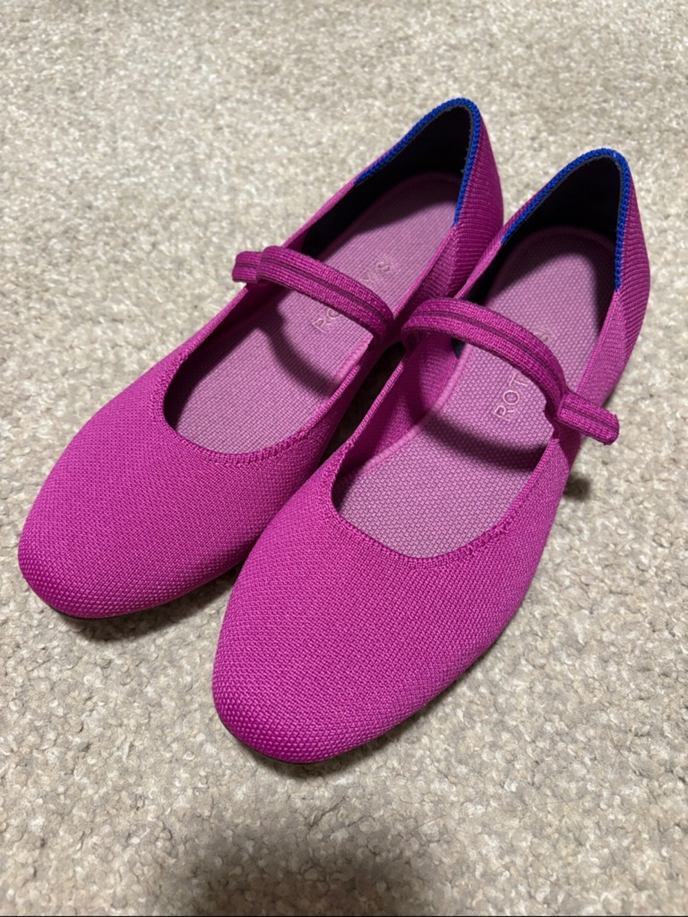 Rothy's Pink Mary Jane Flats with Blue Heel Trim